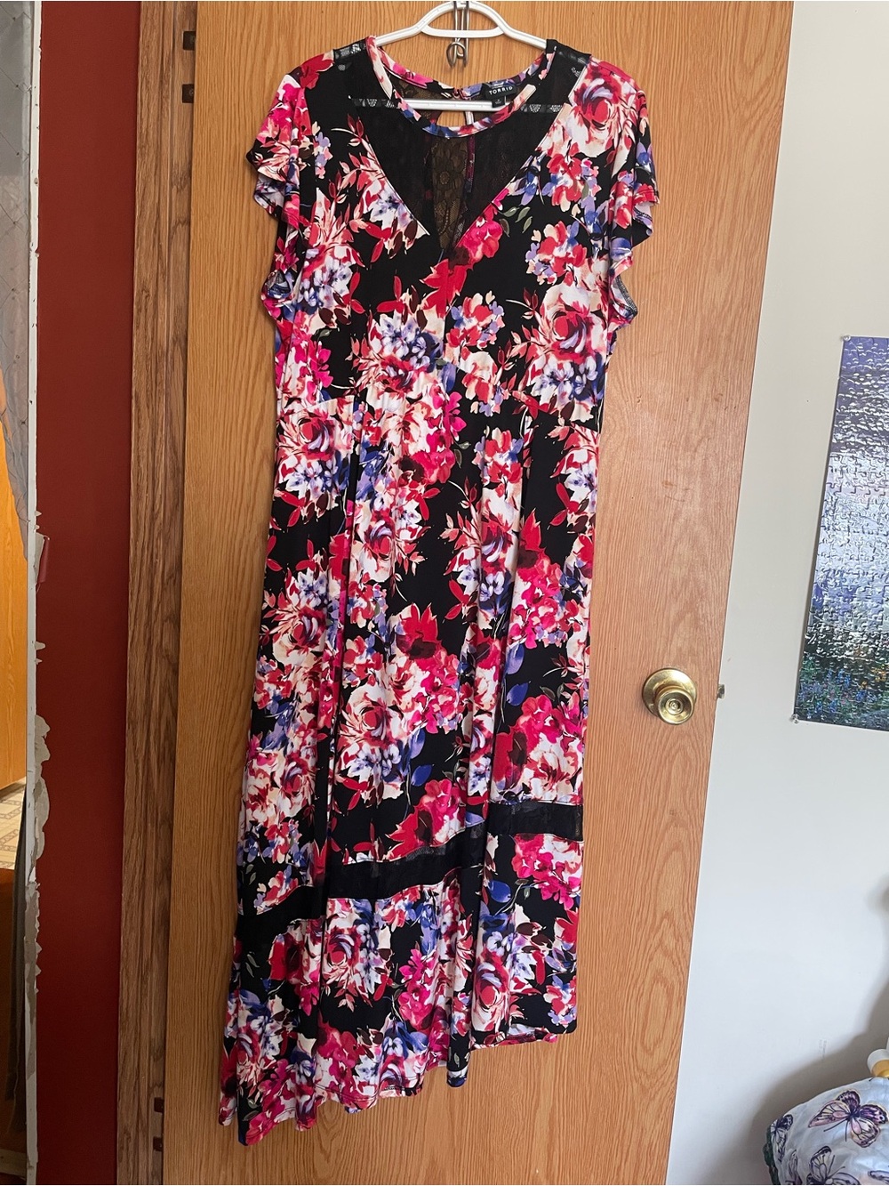 torrid Black Floral V-Neck Midi Dress with Pink & Purple Blooms